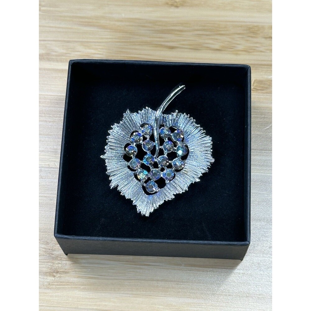 Vintage Aurora Borealis Crystal and Rhinestone Silver Tone Leaf Brooch Lapel Pin